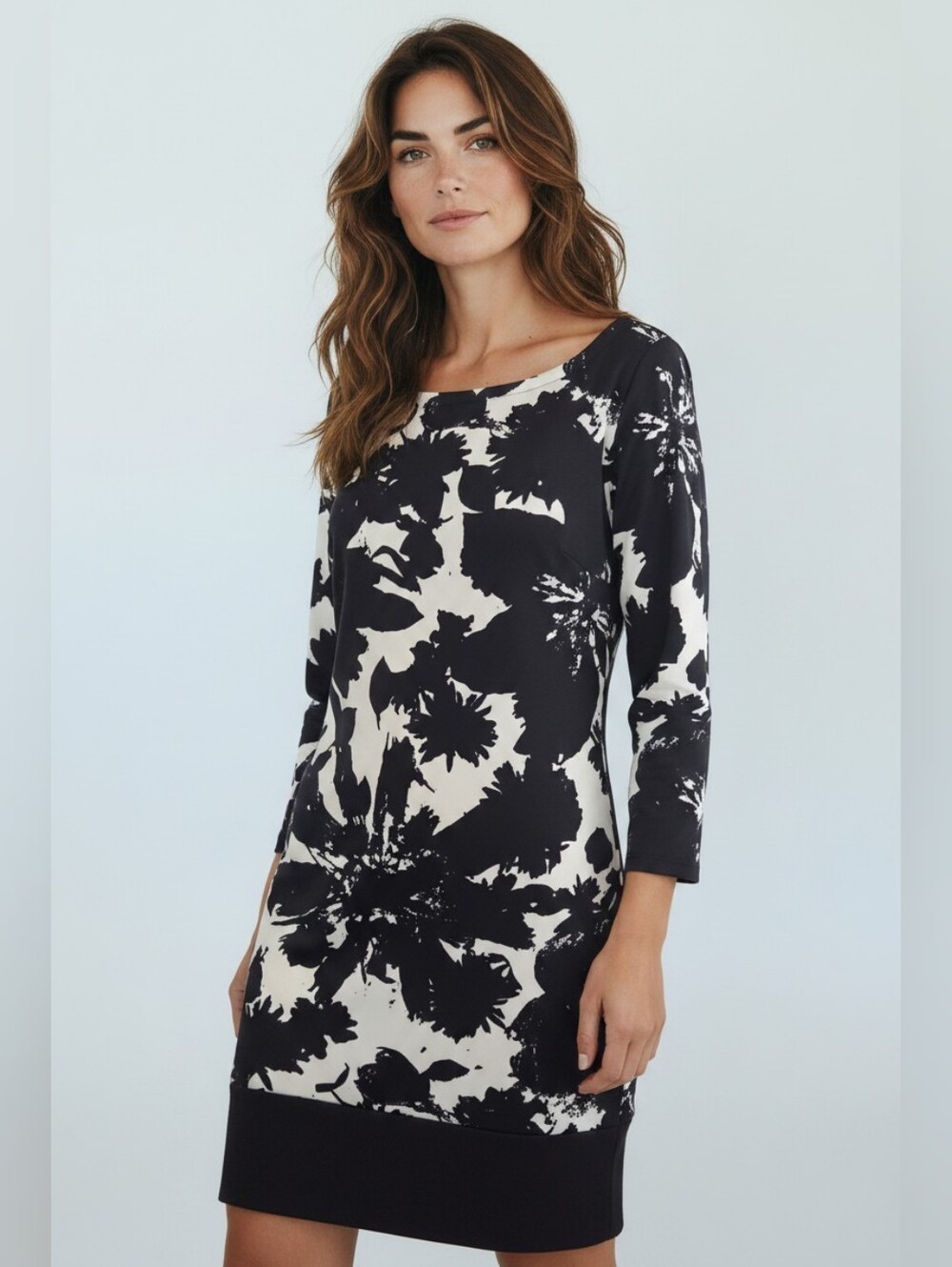 RHYME Los Angeles Womens S Black Ivory Floral Sheath Dress 3/4 Sleeve Stretch